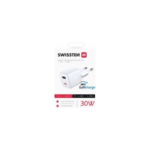 Swissten mini síťový adaptér GaN 1x USB-C + 1xUSB 30W PD