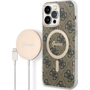 Guess 4G MagSafe kryt + Bezdrátová nabíječka pro iPhone 14 Pro Max hnědá