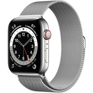 Apple Watch Series 6 Cellular 44mm stříbrné ocelové tělo se stříbrným milánským tahem