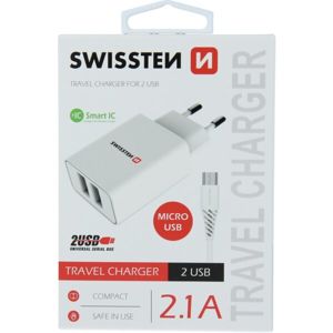 SWISSTEN síťový adaptér 2xUSB, 2,1A bílý + kabel USB/MicroUSB