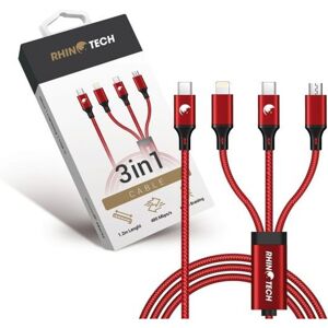 RhinoTech nabíjecí a datový kabel 3v1 USB-C (MicroUSB + Lightning + USB-C) 40W 1,2m, červená