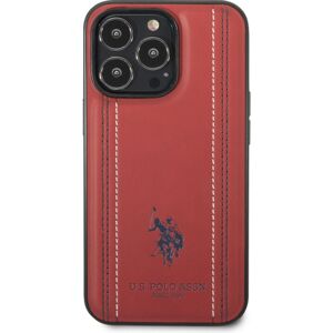 U.S. Polo PU Leather Stitched Lines kryt iPhone 14 Pro Max červený